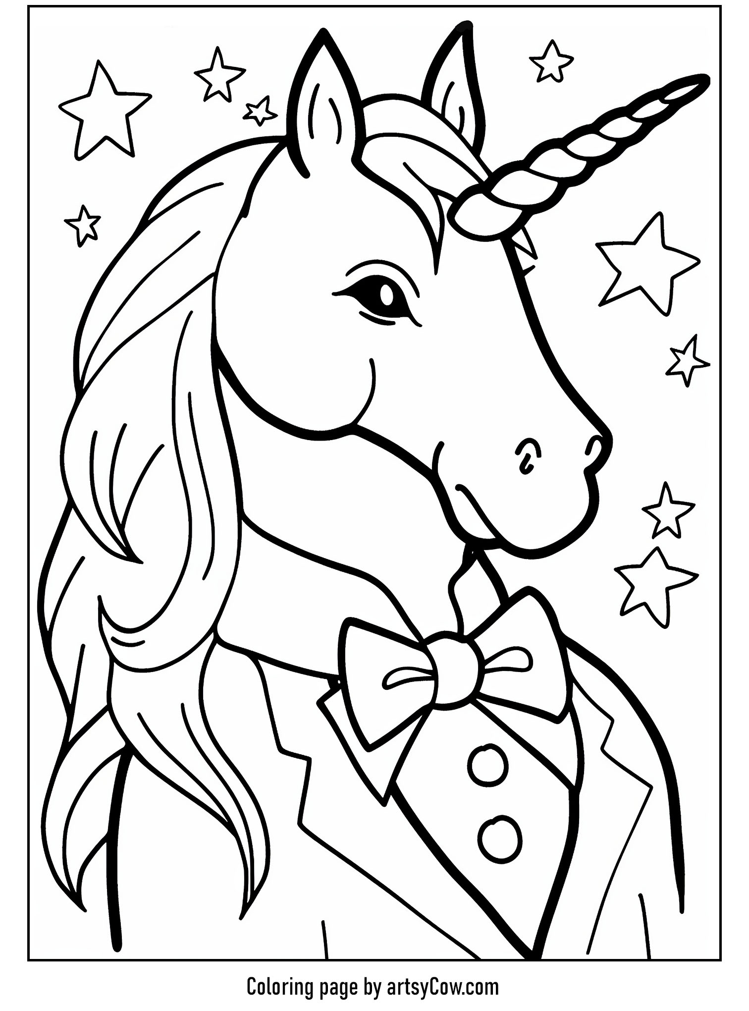 a stylish unicorn wearing a bow tie surrounded by stars